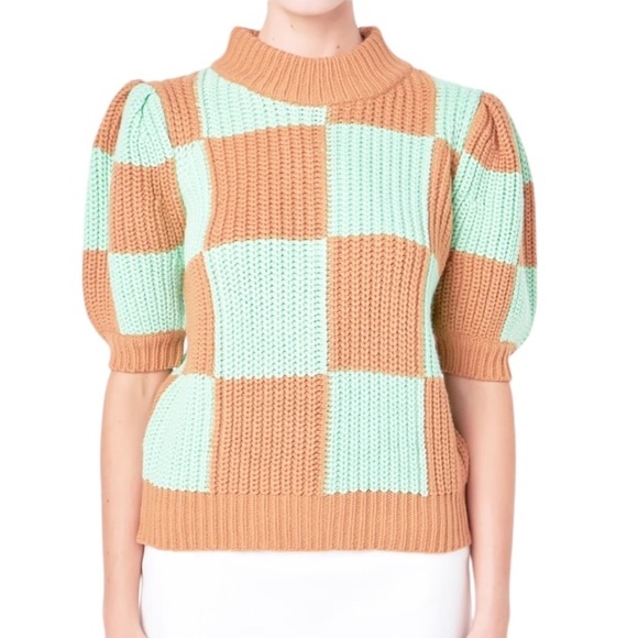 NWT English Factory Mint Green Tan Check Plaid Puff Sleeve Crop Sweater - XS - Picture 4 of 16